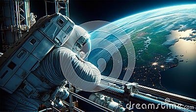 An astronaut in a spacesuit looks at the ground. Stock Photo