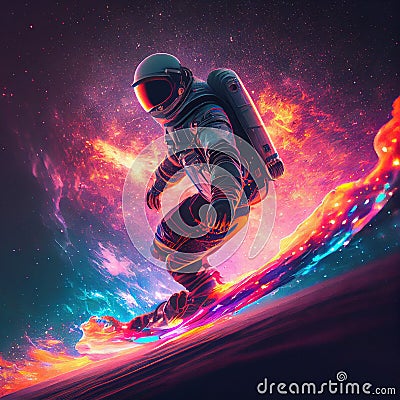 Astronaut in spacesuit rides skateboard on star waves in space Stock Photo