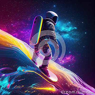 Astronaut in spacesuit rides skateboard on star waves in space Stock Photo