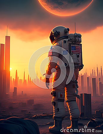 Astronaut standing in an apocalyptic city on sunset background. Generative AI Stock Photo