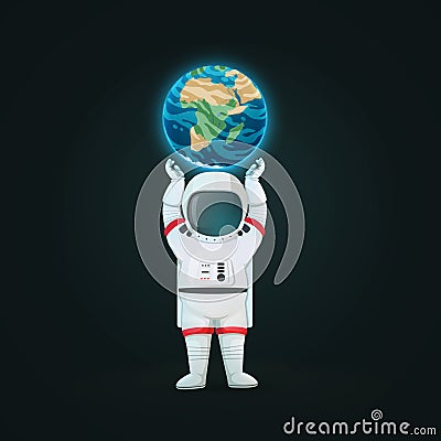 Astronaut standing with arms raised supporting planet Earth isolated on a dark background Vector Illustration