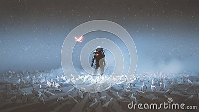 Astronaut standing among flock of bird Cartoon Illustration