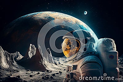 Astronaut standing on the moon and observing the earth. Graphic illustration of a space worker wearing a space suit. Cartoon Illustration