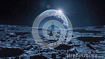 Astronaut Standing On The Moon Surface, Earth Rising In Background. Human Space Flight. AI Generated Stock Photo