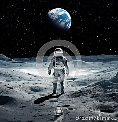 Astronaut stands on the lunar surface, gazing at the distant Earth suspended in a star-studded sky. Generative AI Stock Photo