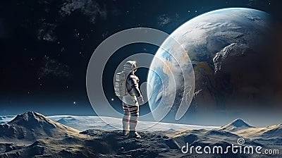 Astronaut stands on the Moon surface looking to the Earth on the background, Exploring space and other planets Stock Photo