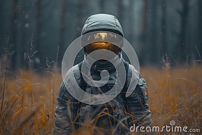 An astronaut stands in a spacesuit in the forest on the planet Stock Photo