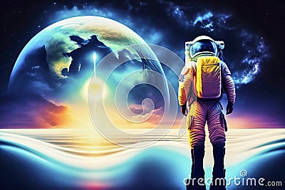 An astronaut stares into the distance with the planet earth, a wave of homesickness washing over them, made with generative ai Stock Photo