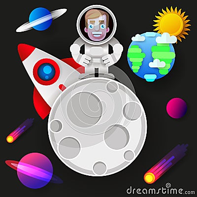 Astronaut Stay On Planet Or Moon And Welcomes Us.prints Vector Illustration Vector Illustration