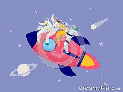 Astronaut Team Travel Rocket Intergalactic Space. People on Spacecraft Fly in Solar System to Saturn Comet Star Vector Illustration