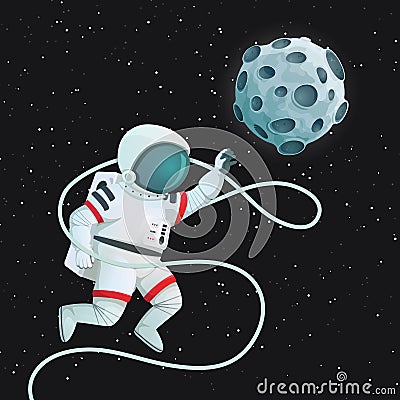 Astronaut with tether flying with one hand outstretched reaching for the Moon Vector Illustration