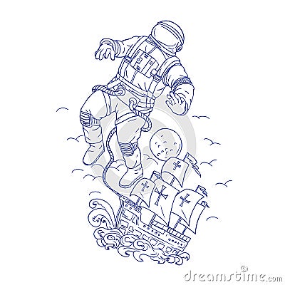 Astronaut Tethered Caravel Ship Drawing Vector Illustration