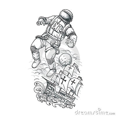 Astronaut Tethered to Caravel Tattoo Cartoon Illustration