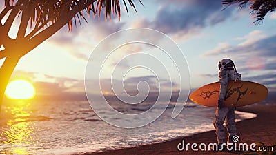 An astronaut is about to surf on a surfboard in the endless ocean on an alien planet. The image is for fantastic, the Stock Photo