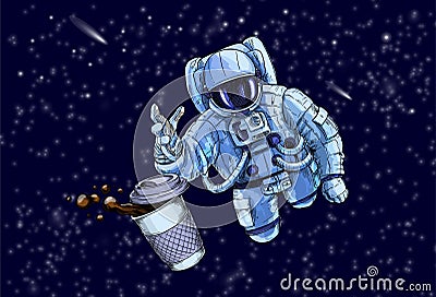 Astronaut trying to reach for cup of coffee Vector Illustration