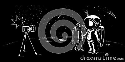Astronaut and ufo doodle style vector illustration. Pioneer spaceman meets cosmic creature Vector Illustration
