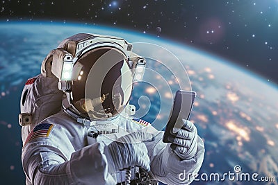 Astronaut using mobile phone in space, Generative AI Stock Photo