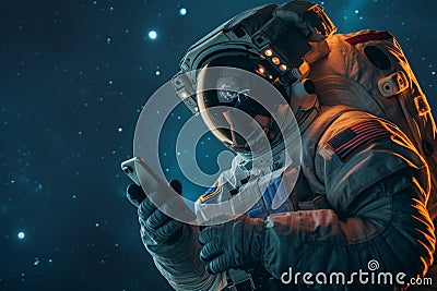 Astronaut using mobile phone in space, Generative AI Stock Photo