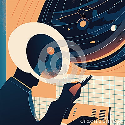 Astronaut using mobile phone in space station. Vector illustration. generative AI Vector Illustration