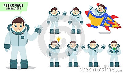 Astronaut vector character set. Astronaut kids talking and riding rocket with hand gestures and poses Vector Illustration