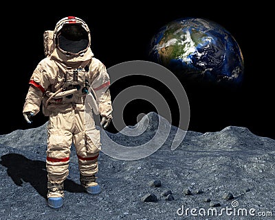 Moon Landing, Astronaut Walk, Space, Lunar Surface Cartoon Illustration