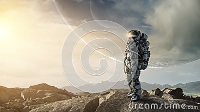 Astronaut walking on an unexplored planet . Mixed media Stock Photo