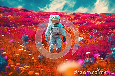 Astronaut walks in a field full of colorful flowers on an alien planet. Generative AI Cartoon Illustration