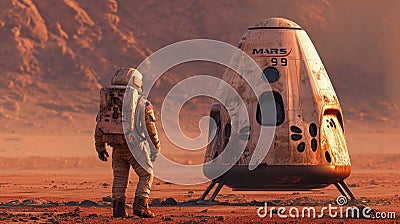 Astronaut walks near spacecraft or Mars lander, spaceman and Martian spaceship on red mountain background. Concept of planet, Stock Photo