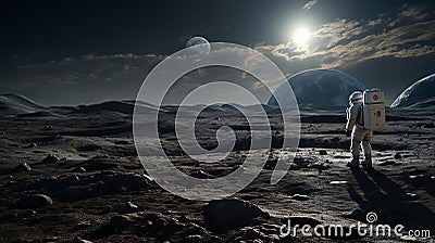 Astronaut wanders moon desolate terrain ai generated 3d rendering image Stock Photo