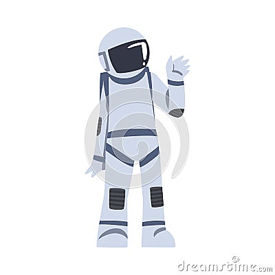 Astronaut Waving his Hand, Space Tourist Character in Space Suit Doing Hello Gesture Cartoon Vector Illustration Vector Illustration
