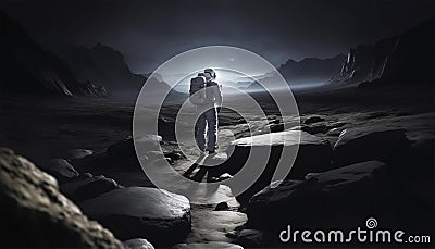 Astronaut wearing space suit on rock surface Stock Photo