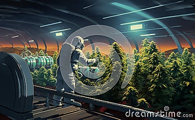 An astronaut working on a space based farm Stock Photo