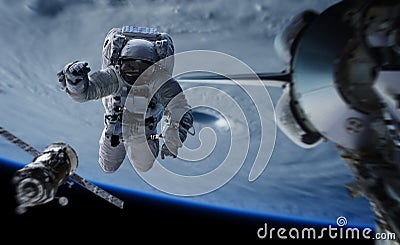 Astronaut working on a space station 3D rendering elements of th Stock Photo