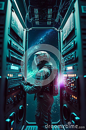 Astronaut working at space station in front of rack with servers. Generative Ai Stock Photo