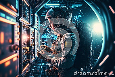 Astronaut working at space station in front of rack with servers. Generative Ai Stock Photo