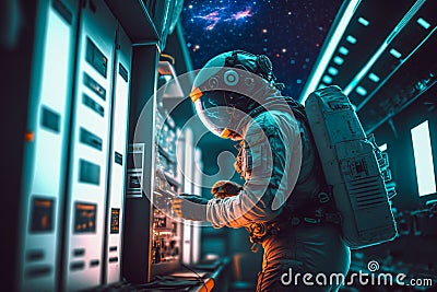 Astronaut working at space station in front of rack with servers. Generative Ai Stock Photo