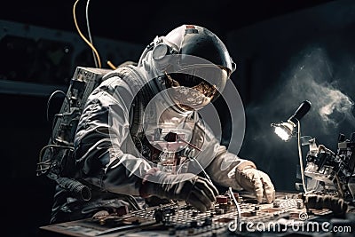 astronaut working on spaceship with tools, repairing or replacing parts Stock Photo