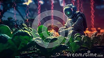 astronaut works on an extraterrestrial vegetable garden, glowing luminous vegetable garden of the future, futuristic technology of Stock Photo