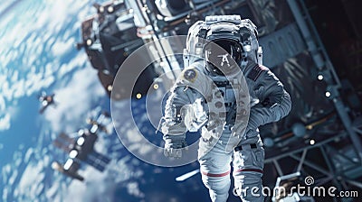 Astronaut in zero gravity against Earth, spaceman floating near space station. Theme of science, technology, spaceship, spacecraft Stock Photo