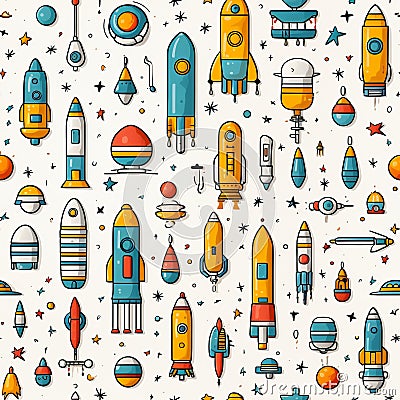 Astronautics scribbles seamless pattern - hand-drawn space-themed on white background Stock Photo