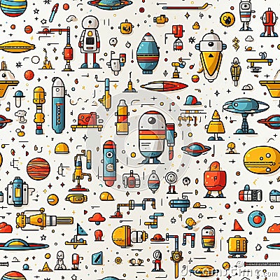 Astronautics scribbles seamless pattern - hand-drawn space-themed on white background Stock Photo