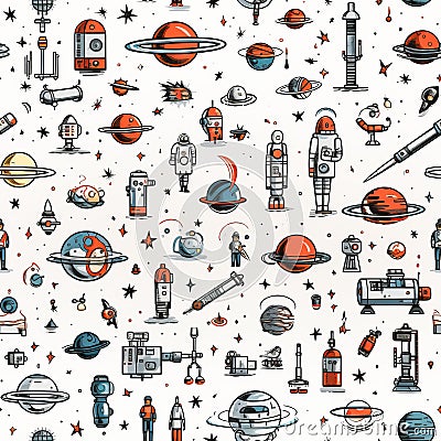 Astronautics scribbles seamless pattern - hand-drawn space-themed on white background Stock Photo