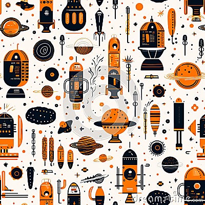 Astronautics scribbles seamless pattern - hand-drawn space-themed on white background Stock Photo