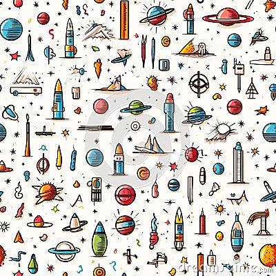 Astronautics scribbles seamless pattern - hand-drawn space-themed on white background Stock Photo