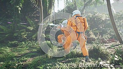 Astronauts battle the dinosaur Tyrannosaurus Rex in a prehistoric alien jungle. 3D Rendering. Stock Photo