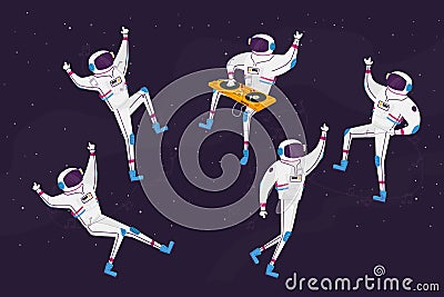 Astronauts Characters Dancing with Dj Turntable in Open Space. Spacemen in Space Suits Listen Music, Rising Hands Vector Illustration