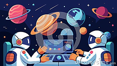 Astronauts in a command center meticulously analyzing data collected from a distant planet.. Vector illustration. Vector Illustration