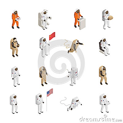 Astronauts Cosmonauts Spacesuit Isometric Set Vector Illustration