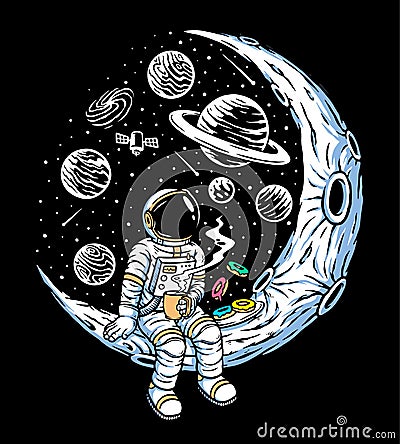 Astronauts drinking coffee and eating donuts on the moon illustration Vector Illustration