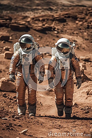 Astronauts embarking on a daring exploration of a distant planet, venturing into the unknown. Generative Ai Stock Photo